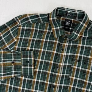 Volcom Mens Flannel Long Sleeve Button Up Shirt Classic Fit Plaid Green XL
